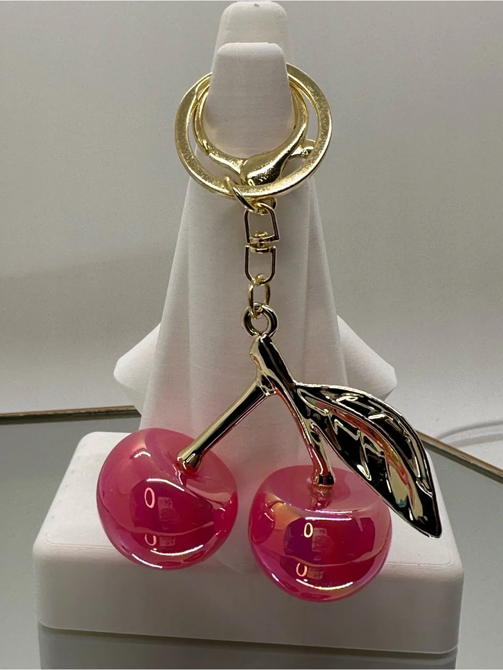 Gold-Tone Pink Cherry Keychain and Purse Charm